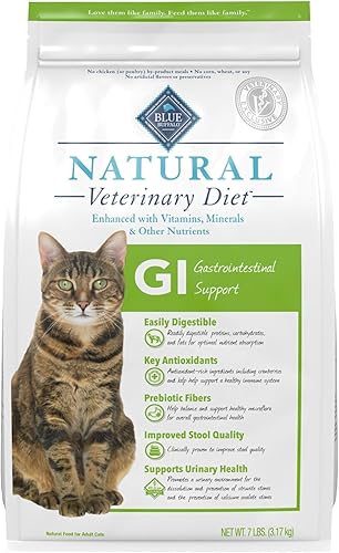 Blue Buffalo Natural Veterinary Diet GI Gastrointestinal Support Alimento seco para gatos, receta veterinaria, pollo, bolsa de 7 libras