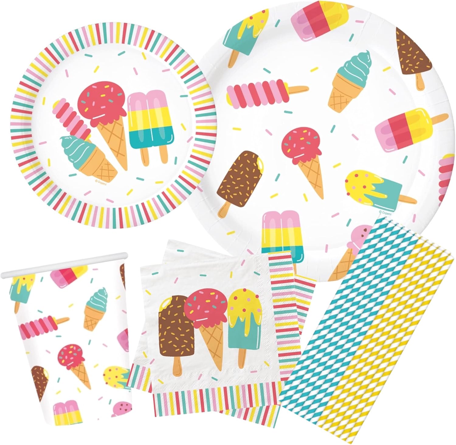 Serves 24 Complete Ice Cream Party Supplies Includes Plates Napkins, Table Covers, Balloons, Swirls, Happy Birthday Banner, Cake Topper, Candles, Straws Ideal for Ice Cream Popsicle Theme Party
