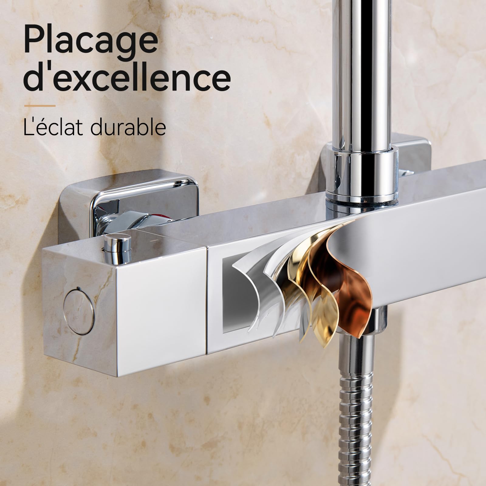 Auralum Mitigeur Thermostatique Douche Anti-Brûlure, Robinet de Douche Thermostatique Chrome avec Corps Froid et Cartouche Anti-Calcaire, Contrôle Précis de la Température 38°C et Débit Réglable