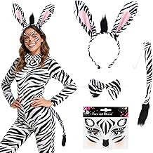 Zebra Costume Set, Women's Headband with Zebra Ears, Bow Tie, Tail, Zebra Face Sticker, Jungle Party Costume, Animal Ears Headband Accessories for Carnival, Halloween, Fancy Dress, Zoo Theme Party