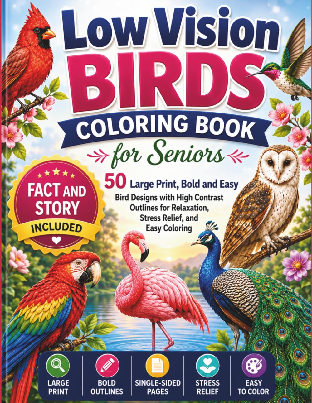 Low Vision Birds Coloring Book for Seniors: 50 Large Print, Bold and Easy Bird Designs with High Contrast Outlines for Relaxation, Stress Relief, and Easy Coloring