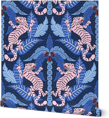 Spoonflower Papel tapiz extraíble de 12 x 2 pies, diseño de damasco de tigre, rosa, azul, selva, tropical, papel tapiz prepegado personalizado