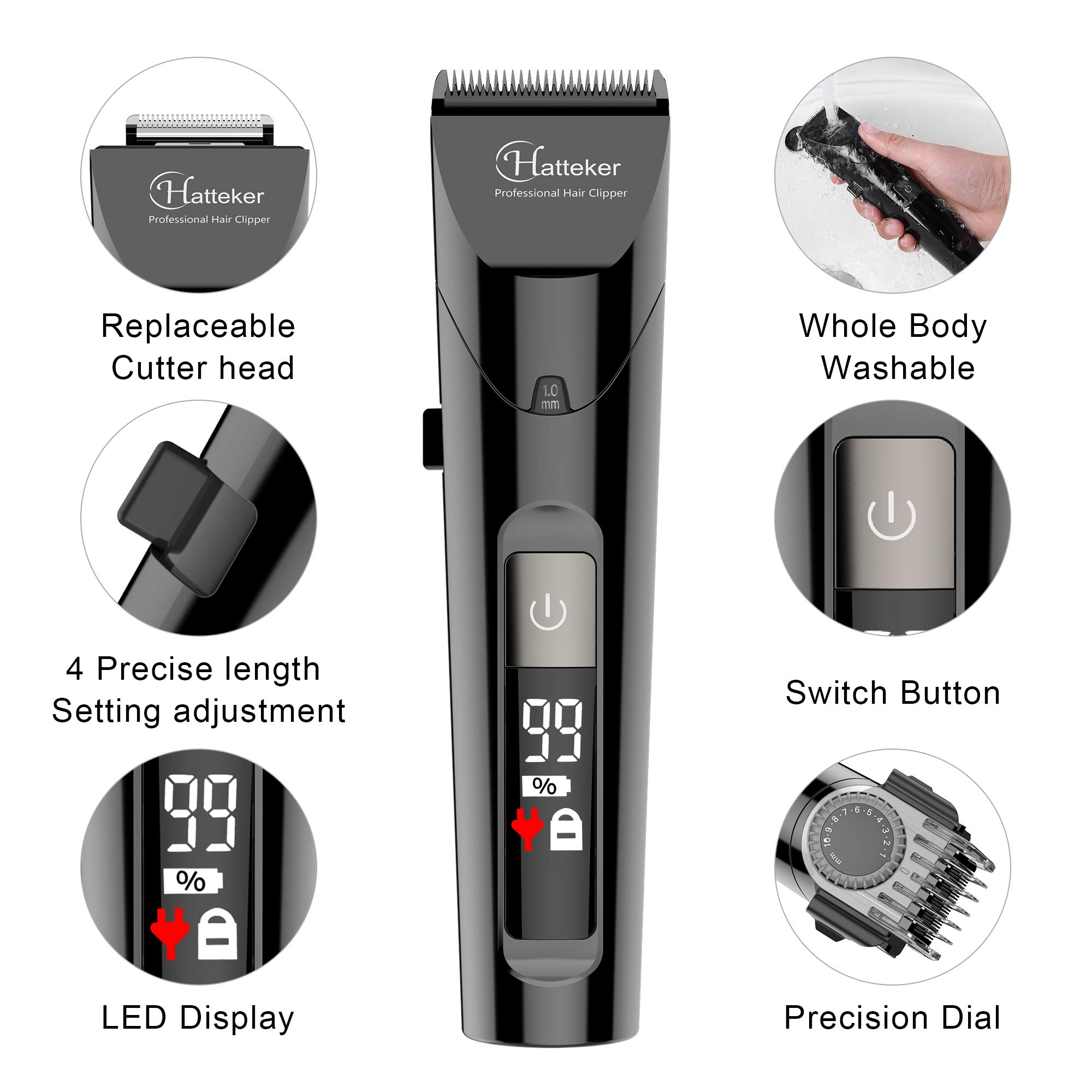Hatteker Tondeuse à cheveux professionnelle pour homme - Tondeuse à barbe - Tondeuse de précision - Tondeuse à cheveux longs - Alimentation sur batterie et secteur - Étanche - 4 en 1