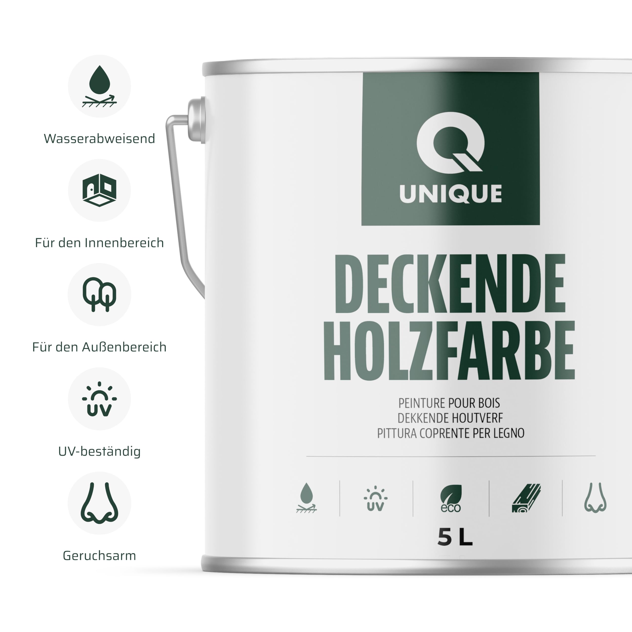 Q UNIQUE Deckende Holzfarbe Innen & Außen – Wasserbasierte Wetterschutzfarbe für Holz, MDF, HDF & OSB – UV-beständig, wetterfest – Für Gartenmöbel & Holzzaun – Hochglanz, Satin, Halbmatt