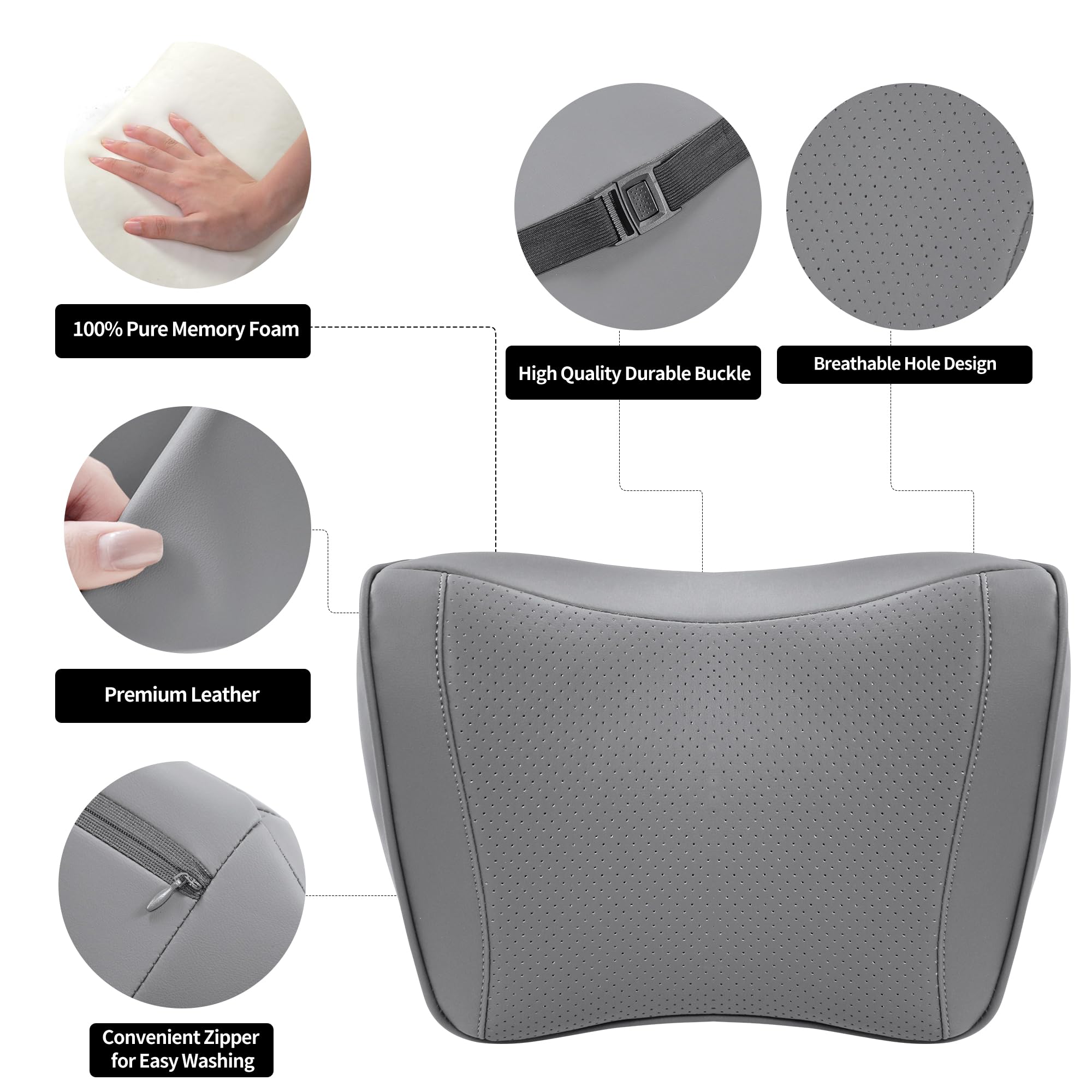 Cuscino Poggiatesta Auto Memory Foam in Pelle, Ergonomico Pillow Ortopedico per Collo per Cervicale, Supporto Testa Seggiolino Auto per Guida, Viaggi, Casa e Ufficio, Grigio, 1 Pezzo