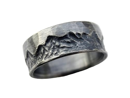 Miniatura 2 de Custom carved silver mountain ring, man wedding band silver mountain range ring, personalized gift for men, handmade ring for women