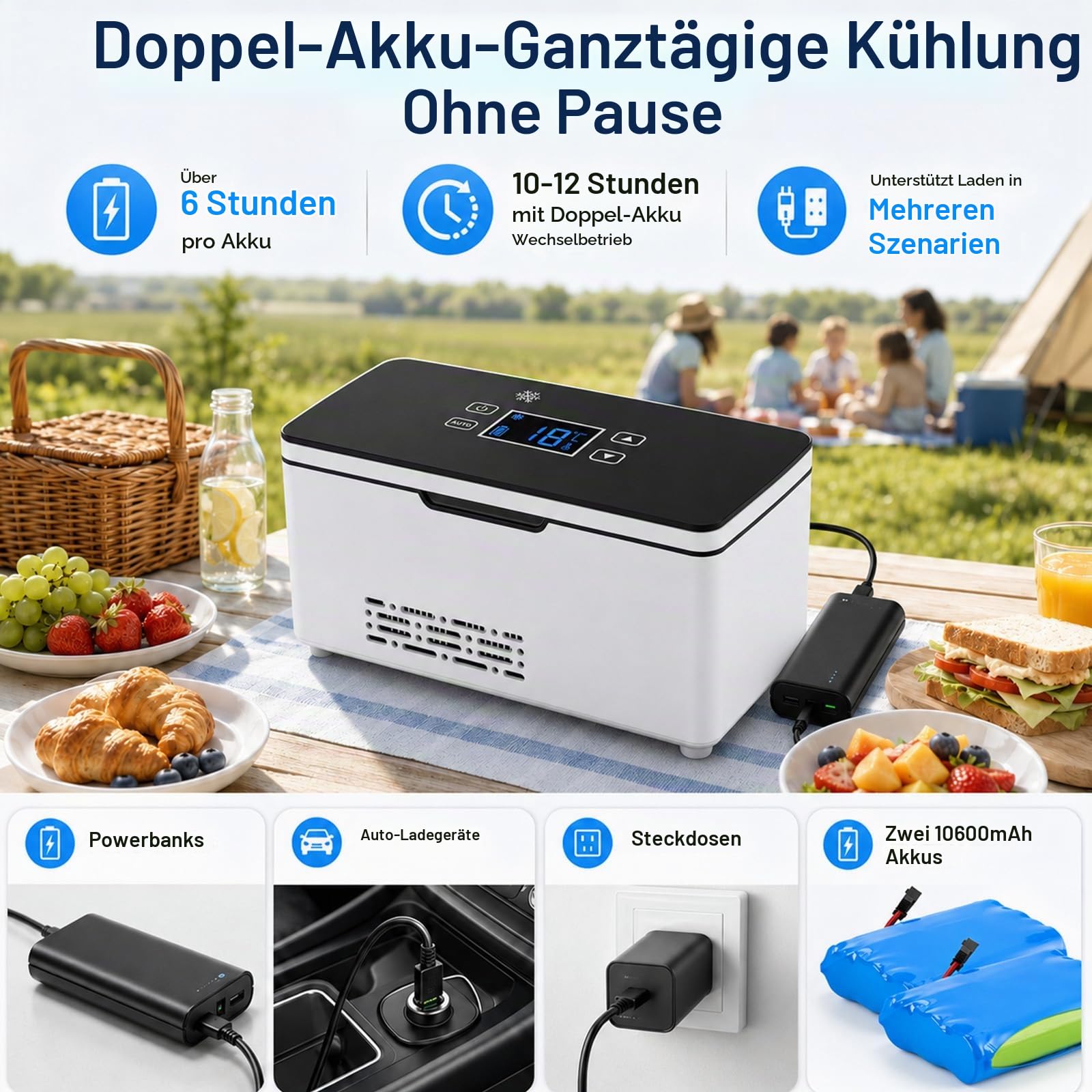 Akku Tragbare Kühlbox Elektrisch, Mini Medikamenten Kühlbox für Insulin & Peptide, LED-Anzeige 0-18°C Einstellbar, Mit Zwei 10600mAh Akkus für Zuhause Reisen Auto
