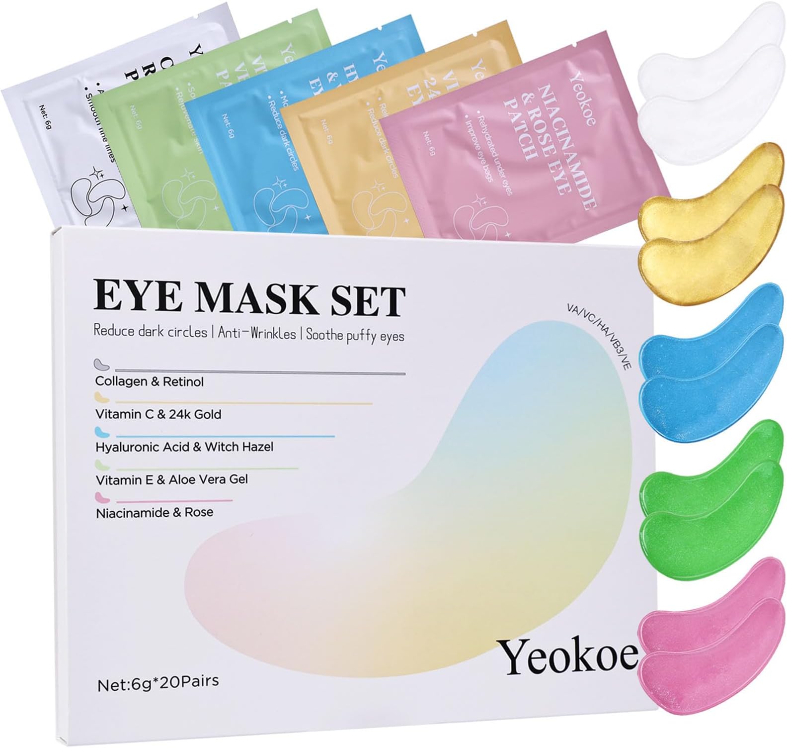 Yeokoe Under Eye Patches for Dark Circles,Eye Mask for Puffy Eyes With Collagen,Retinol,Vitmin C,Hyaluronic Acid and Niacinamide Face Masks Skincare Spa Gifts for Woman 20Pairs