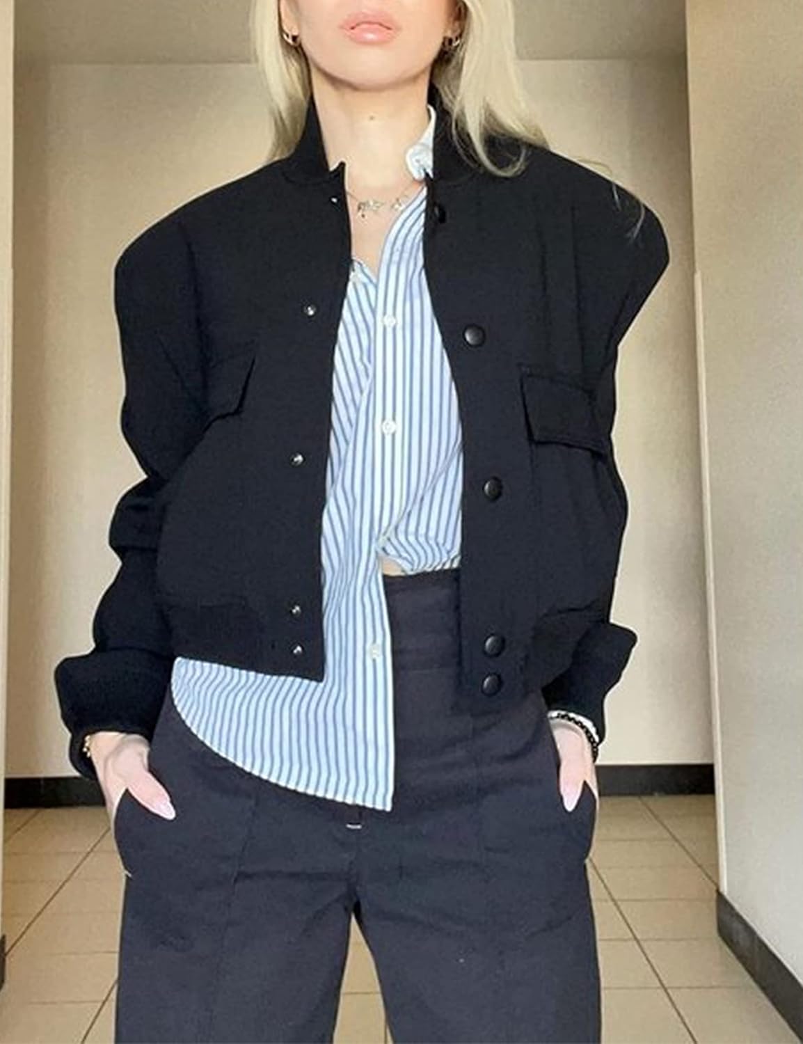 Lumister Women's Fashion Cropped Button Down Lightweight Cropped Bomber Jacket Varsity Shacket with Side Pockets - Image 6