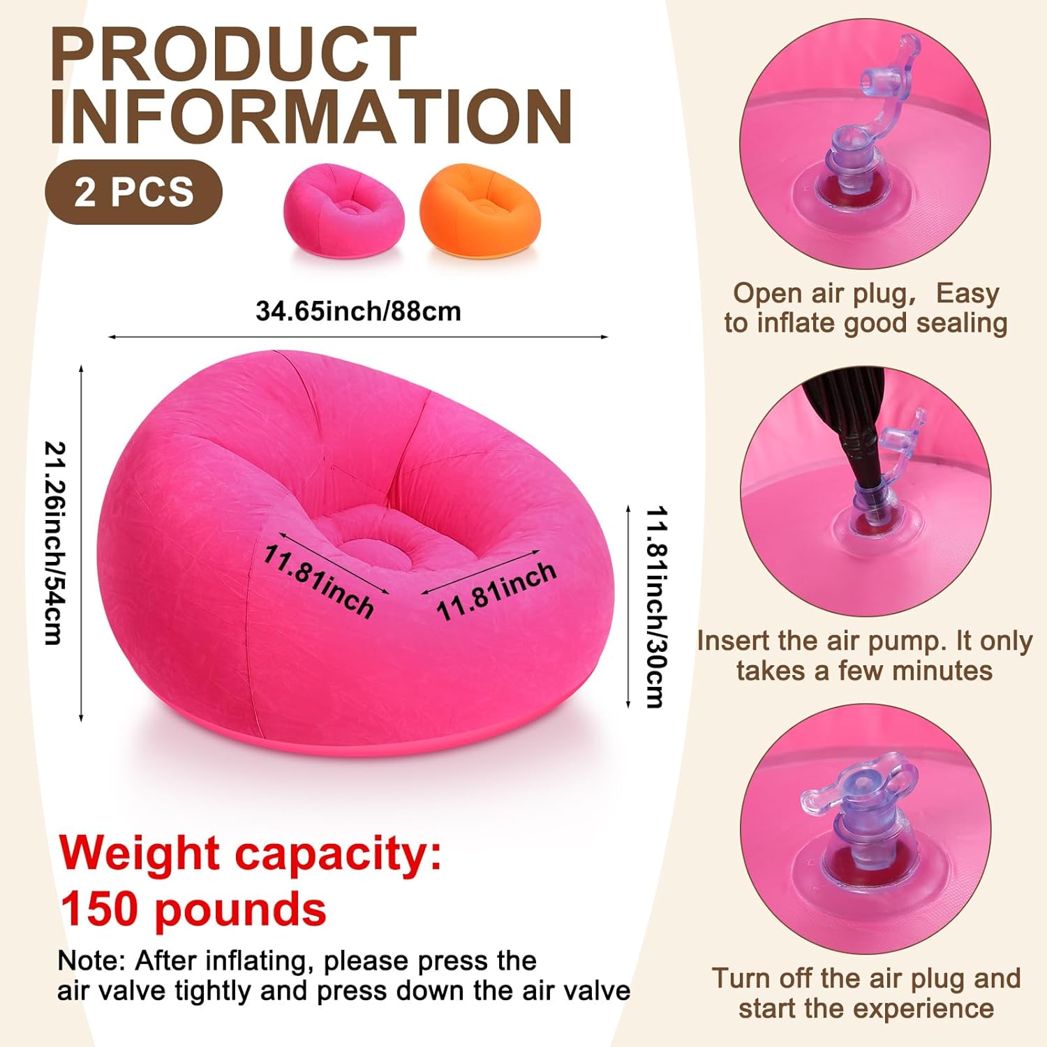 2 Pcs Small Bean Bag Chair Inflatable Chair Blow up Games Chairs Foldable Flocking Inflatable Sofa Portable Inflatable Chair for Living Room Bedroom(Orange, Rose Red)