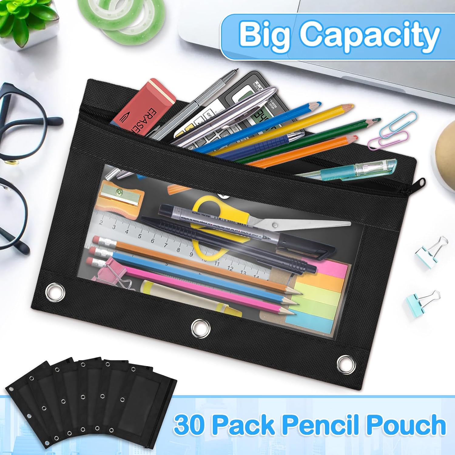 30 Pack Pencil Pouch Bulk, Pencil Pouches for 3 Ring Binder, Zipper Pencil Pouch Bulk for School, Home and Office, Black