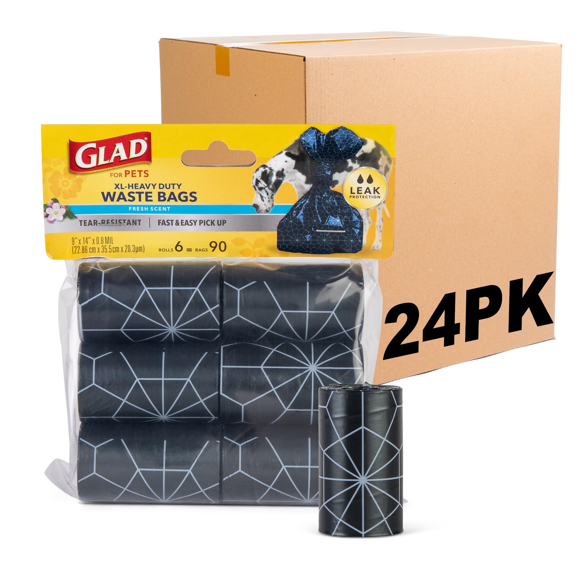 Glad Bolsas de basura perfumadas extra grandes para mascotas, rollos de repuesto, aroma fresco, resistentes al desgarro, 144 rollos, total 2160 unidades | Bolsas resistentes y resistentes a desgarros con asas fáciles de atar para caminar, acampar y viajar