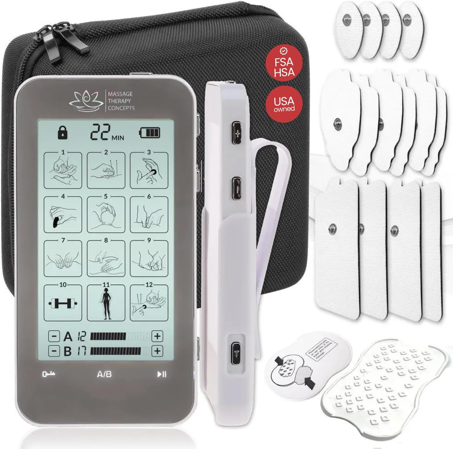- Massage Therapy Concepts TENS Unit Muscle Stimulator for PainRelief - Professional Dual Therapy Machine with 12 Modes and 20 Levels - Complete Accessory Set for Back and Neck Pain