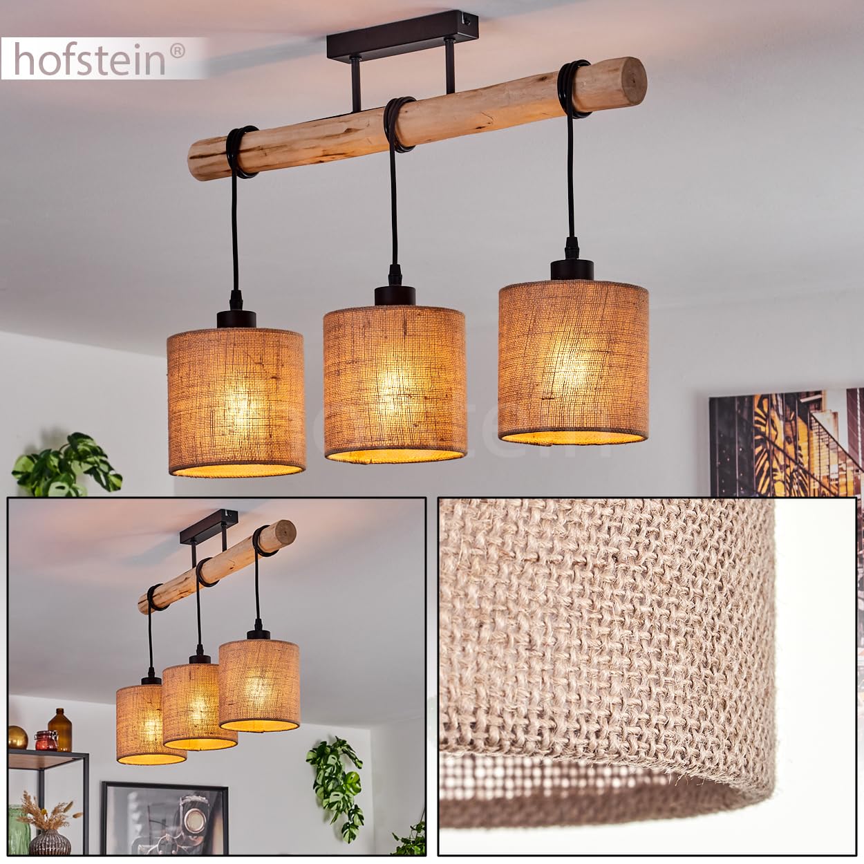 HOFSTEIN Lampada da soffitto Soungou moderna lampada da soffitto in legno/metallo/lino naturale/nero/beige, plafoniera a 3 luci, design scandinavo, 3 lampadine E27, altezza max. 82 cm, senza lampadina