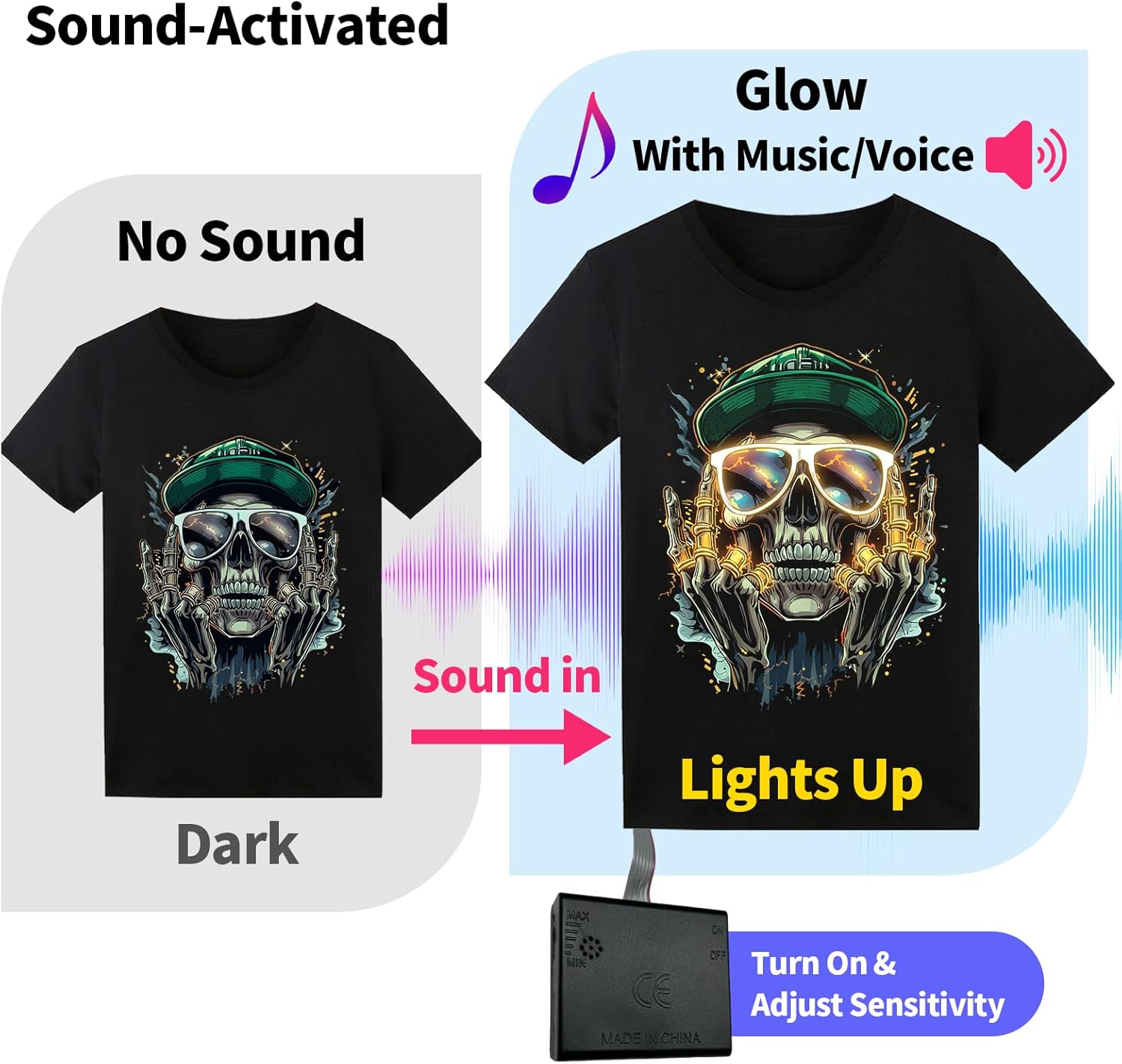 Sound Activated LED T-Shirt, Glow in The Dark Light Up Shirt for Men, Neon Shirt for Rave, Glow Party, Concert, Halloween