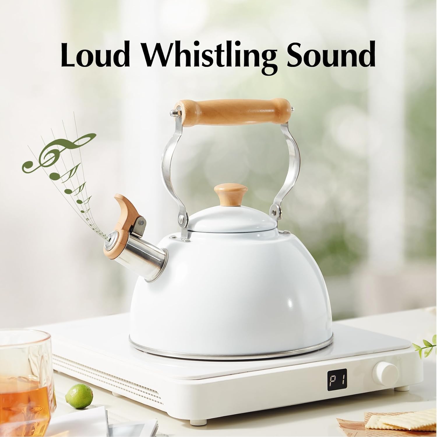 rockurwok tea kettle, tea pot with cool touch ergonomic handle, teapot food grade stainless steel, tea kettle stovetop, kettle teapot, whistling tea kettle, small tea pot, 1.6 quart (white) white(1.6qt) 1.6 quarts