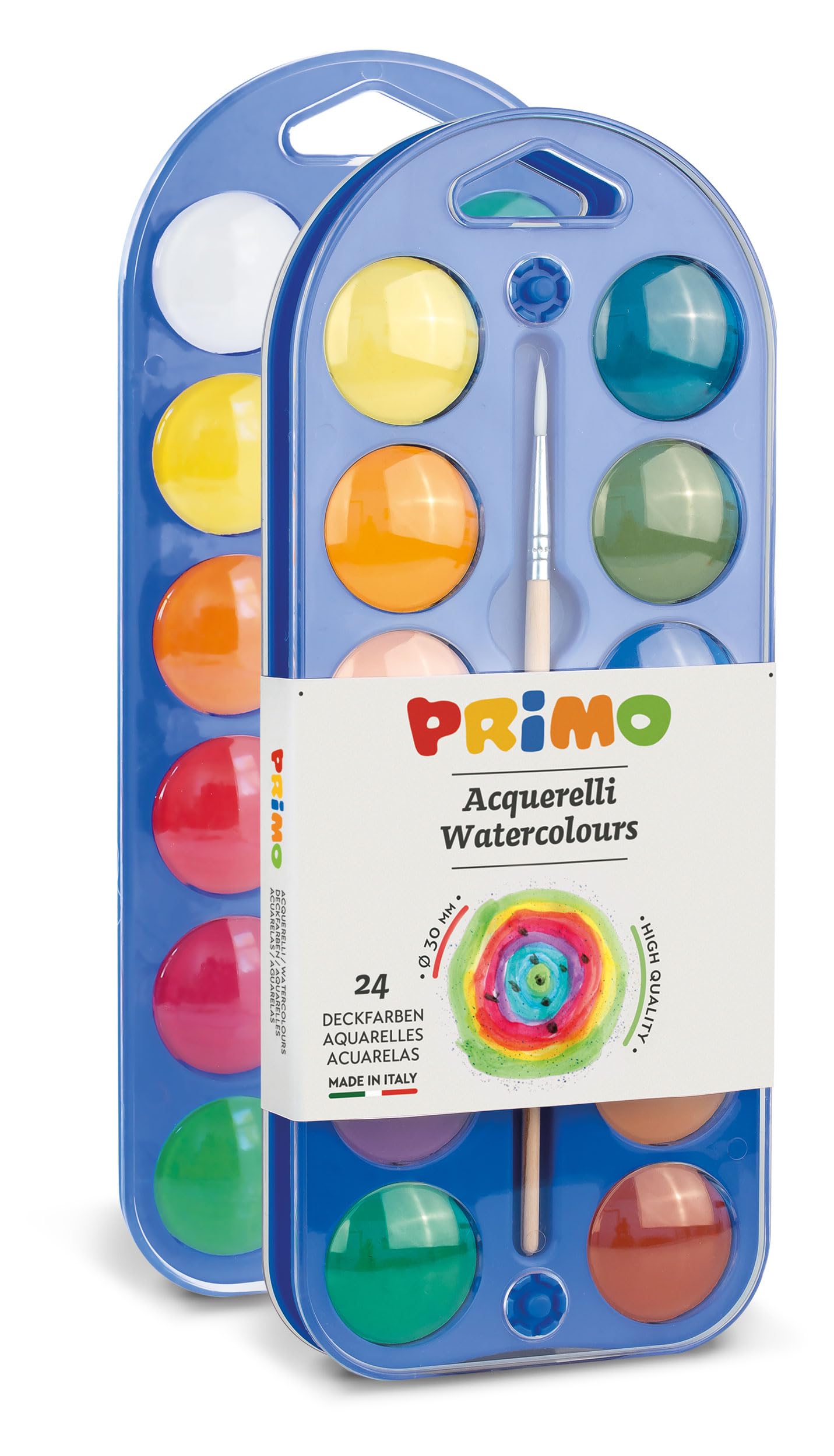 PRIMO - Acquerelli per Bambini Artisti con 24 Colori Ø30 mm + 1 Pennello Acquerello per Dipingere, Kit Tavolozza per Dipingere Pittura, Colori per Bambini +5 Anni Acquerellabili per Lavoretti Creativi