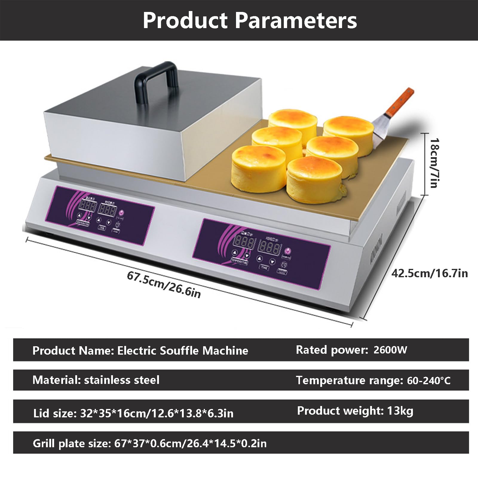 Macchina per Soufflé in Acciaio Inox con Schermo di Visualizzazione Digitale, Macchina Elettrica per Pancake E Waffle, Piastra Riscaldante da Banco per Panetterie, 60 A 240 °C