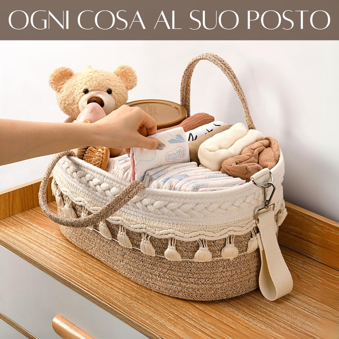 SEBRAM Organizer Fasciatoio per Neonati – Organizer Pannolini Beige Boho, Cesta Fasciatoio Neonato con Tracolla Regolabile & Tasche Termiche/Include maniglie bianche (vedi video)