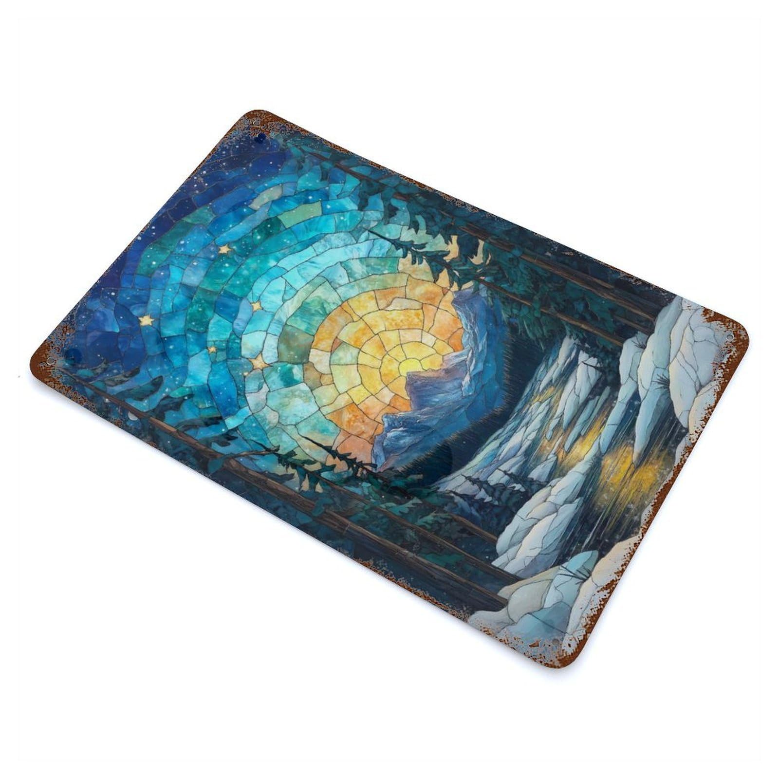 Stained Glass Mountain Sunset Rust Effect Tin Sign 11.8"x7.9", for Bistro, Counter And Cafe Decor, Shabby Chic Decor