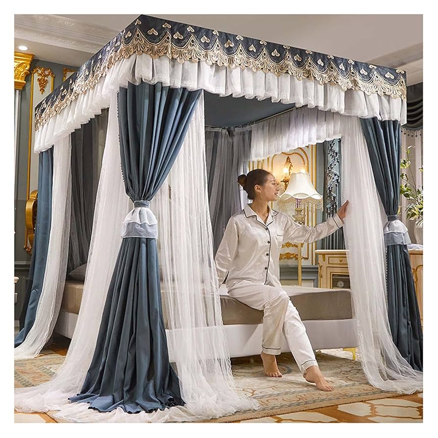 カーテン 豪華な四柱式ベッドキャノピーネット、ダブルレイヤー