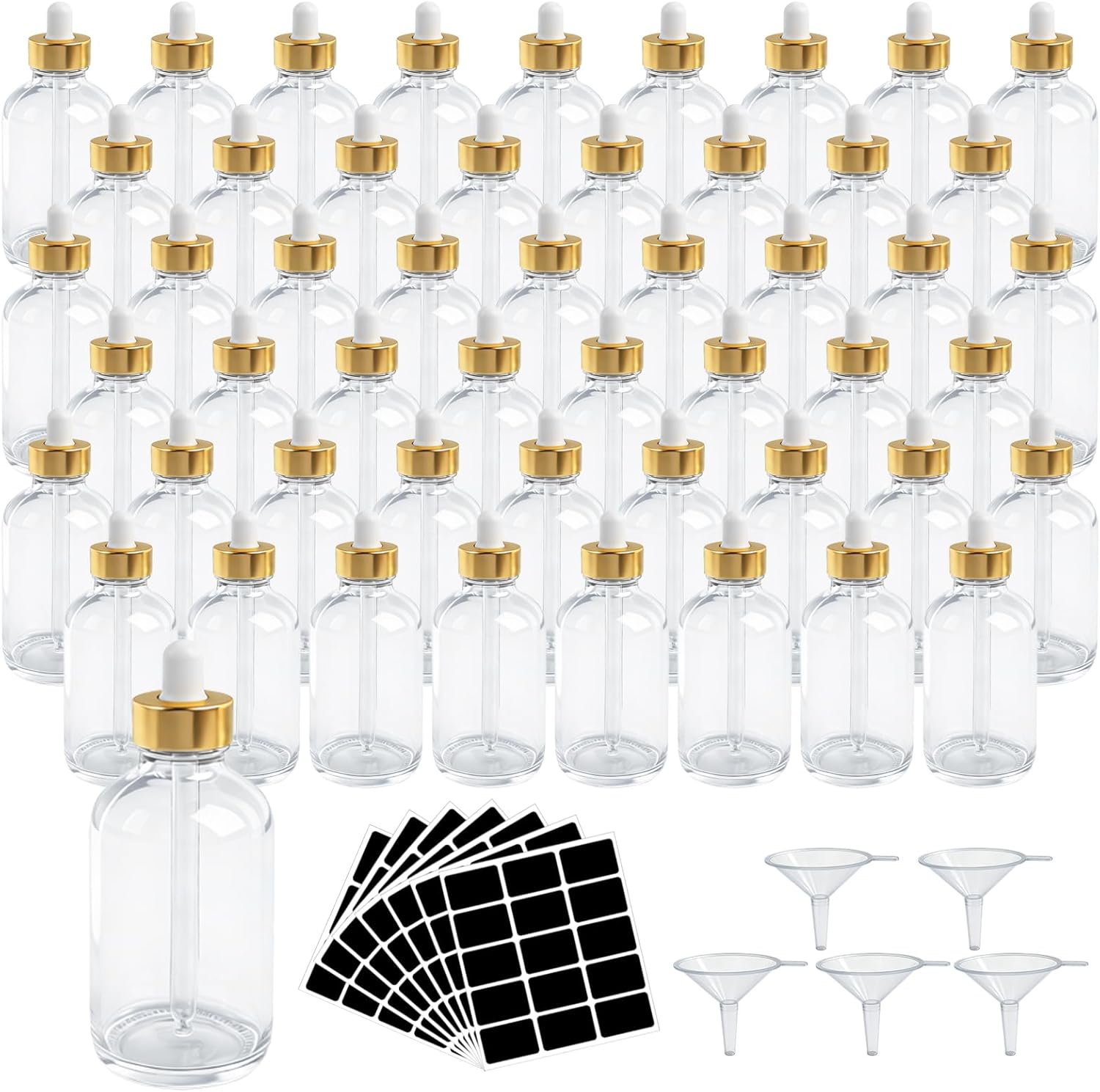 52 Pack 4 oz Glass Dropper Bottles with Golden Caps, 120 ml Clear Leakproof Glass Empty Bottles with Funnels and Labels, for Storage Hair Oil, Essential Oil, Perfumes, Tincture