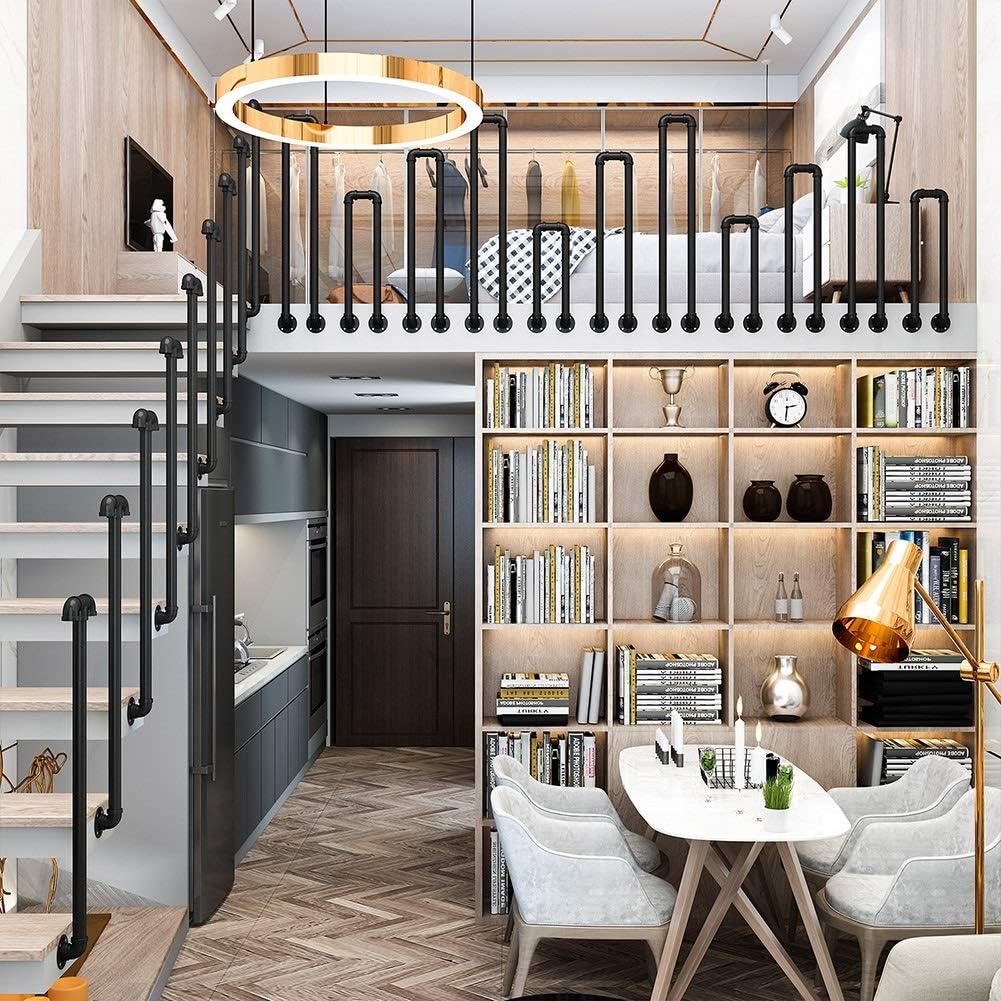 Indoor Outdoor Stair Handrail, Black Industry Round Pipe Walkway Railing Support Bar with Installation Kit, for Decking Loft Kindergarten (Size : H 75CM)