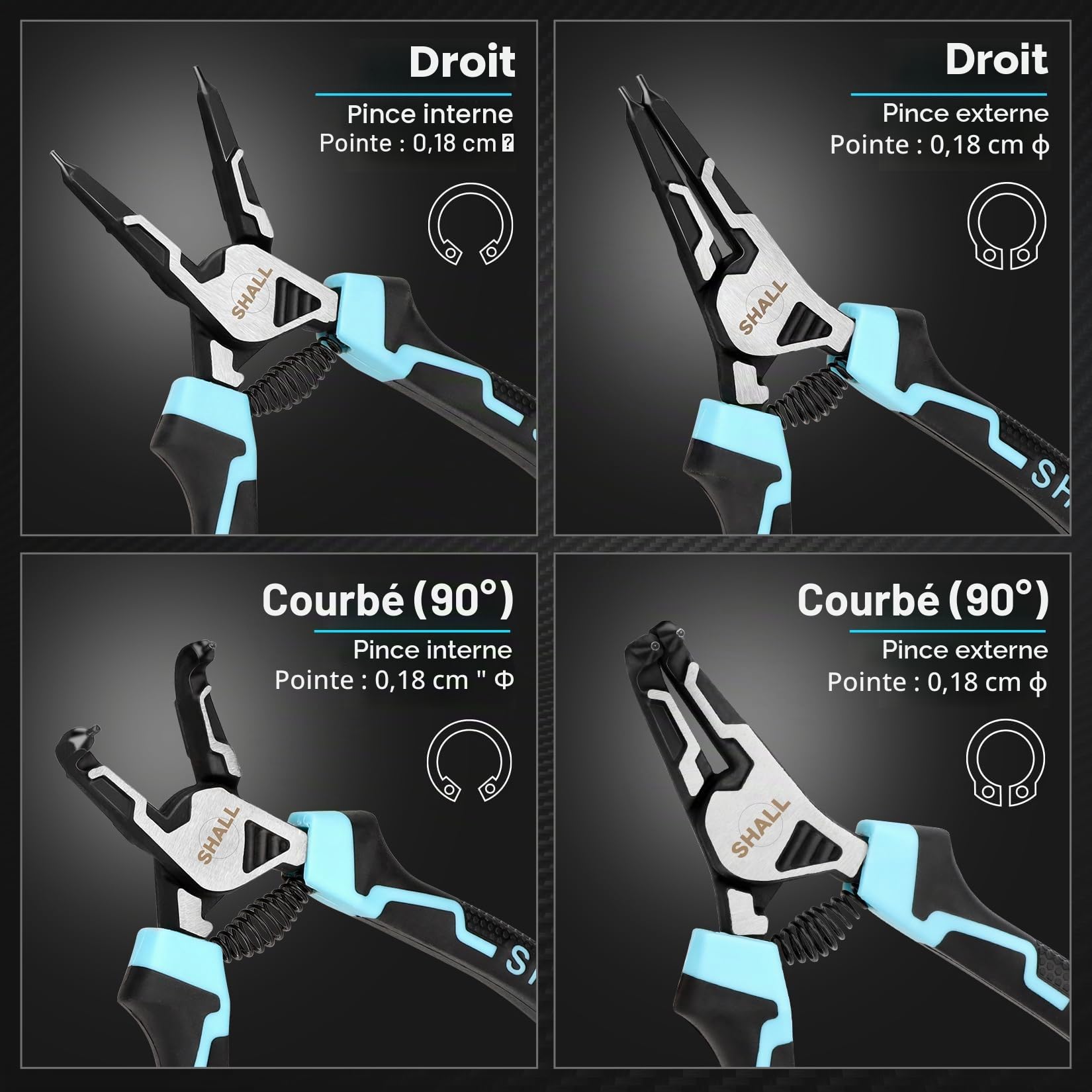 SHALL Jeu de circlips et pince, 4 pièces, pinces robustes de 7