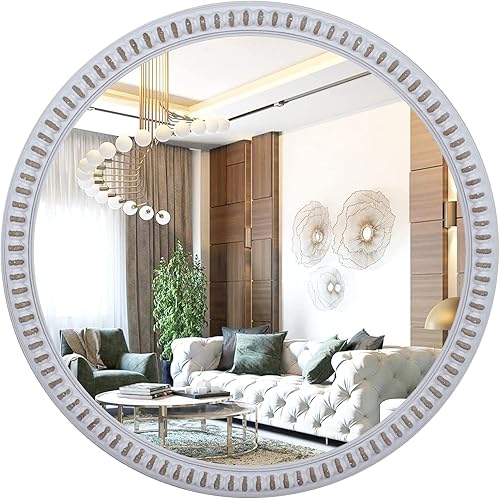 Decointo Espejo redondo rústico de madera de 24 pulgadas espejos de pared para dormitorio sala de estar o entrada