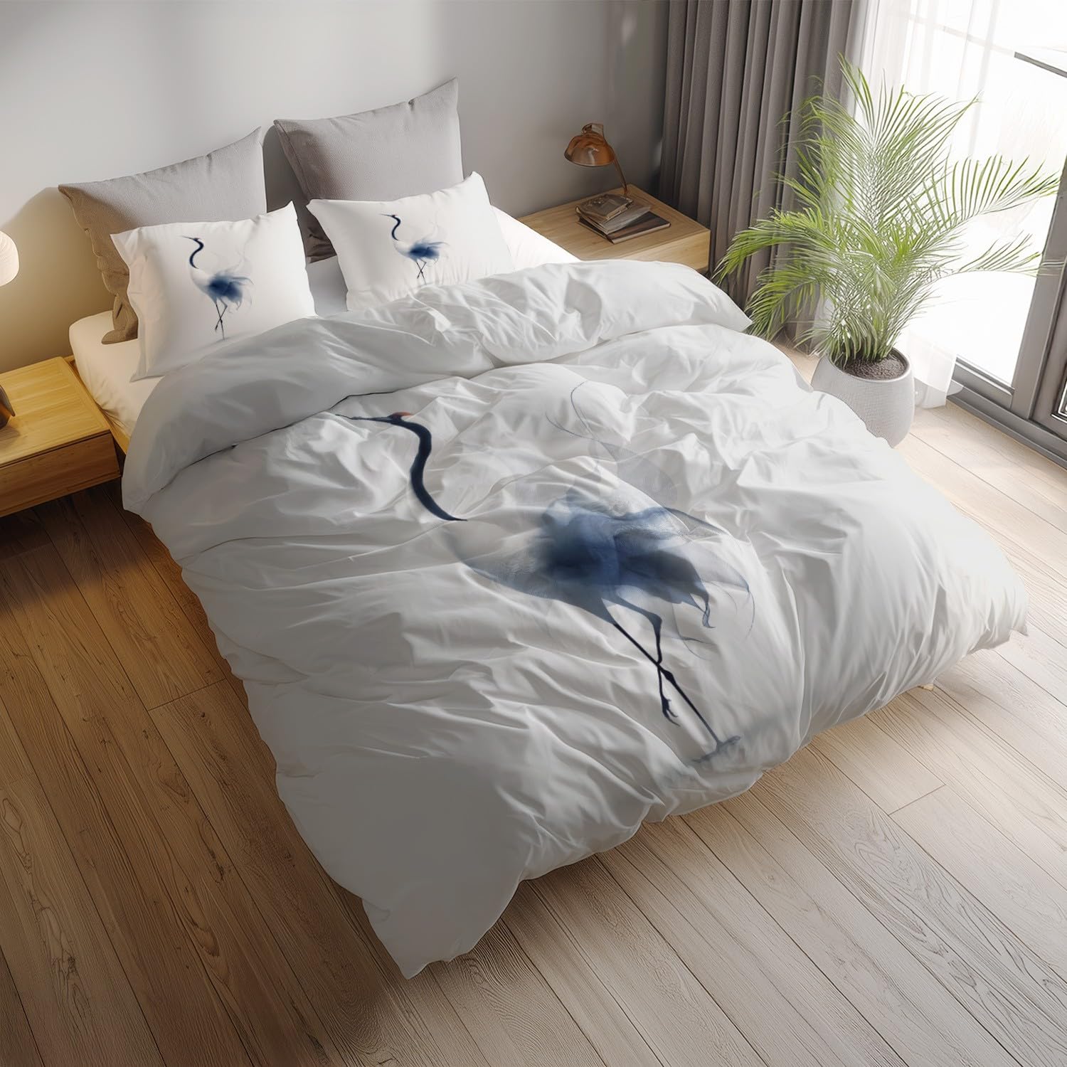 Miękki i oddychający zestaw poszewek na kołdrę z zapięciem na zamek błyskawiczny, 230 x 230 cm + 2 x 50 x 80 cm, minimalistyczny, orientalny żuraw, hipoalergiczna pościel, poszewka na kołdrę i