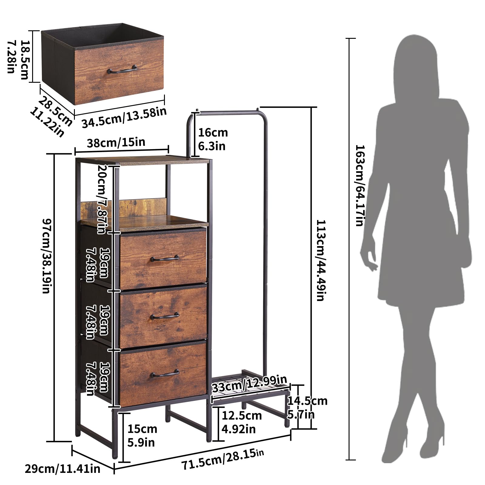 Aibiju Cómoda para Dormitorio con 3 Cajones de Tela, Cómoda de Tela con Estante, Perchero con Zapatero y Estantes para Dormitorio, Salón, Recibidor y Oficina, Marrón Rústico YD-TM081H