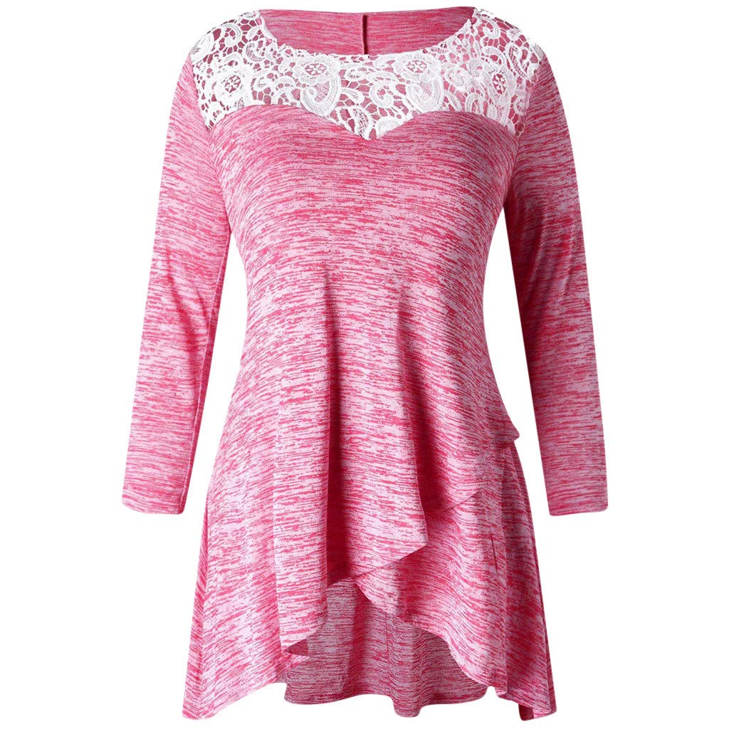 Nihewoo Women Lace Applique T-Shirt Blouse Tops Long Sleeve Front Slit Space Dye Round Neck Sweatshirt Coat Pullover