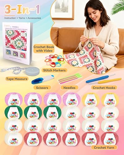 Vista 21 de Coopay Kit de iniciación de ganchillo para principiantes, manta de cuadros de abuela con instrucciones y suficiente hilo (verde aguamarina)