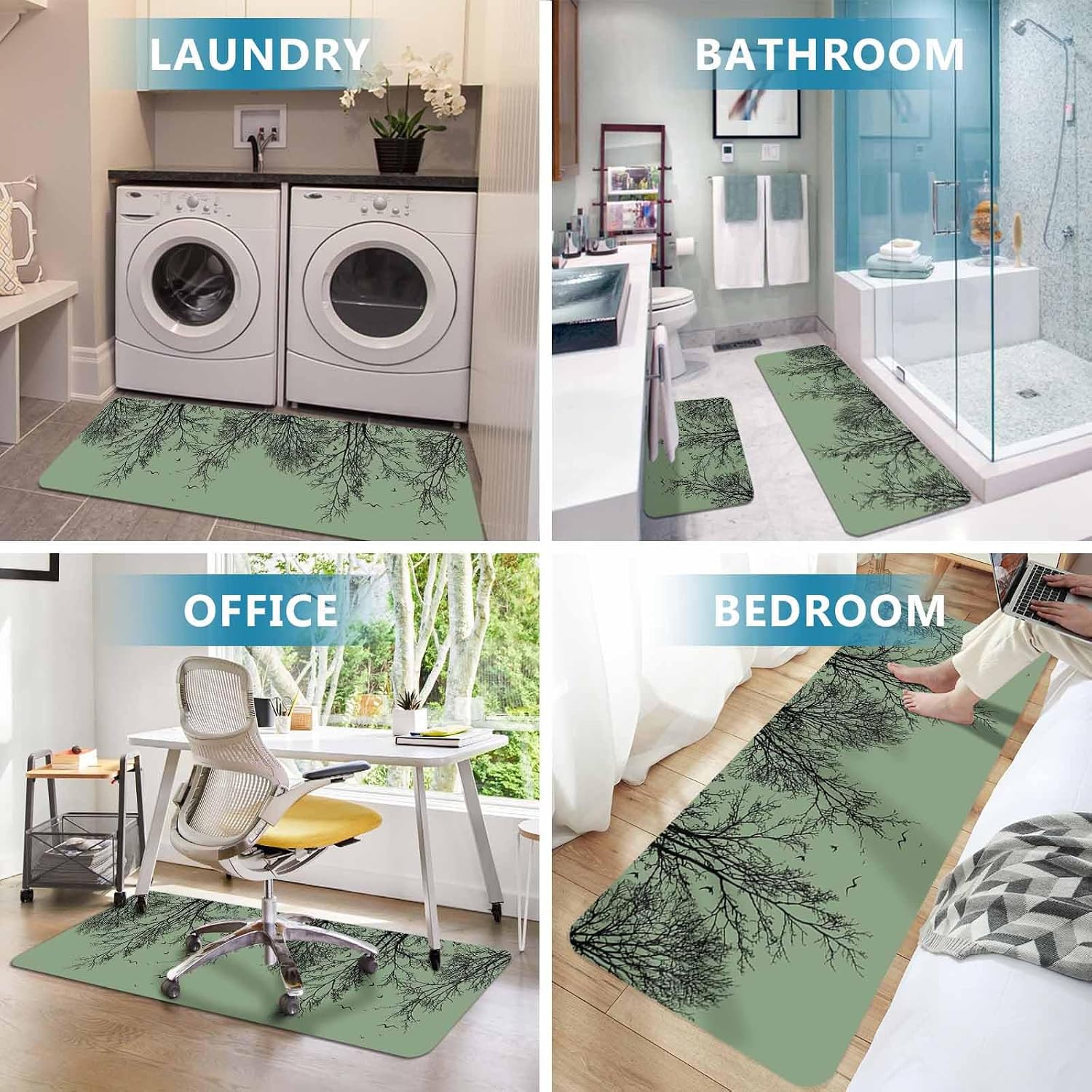 Tree Branches Bird Kitchen Mats Set of 2 Green Background Black Deadwood Non Slip Mat Washable Floor Rug for Kitchen Sink Floor Laundry, 23.6"x35.4"+23.6"x70.9"
