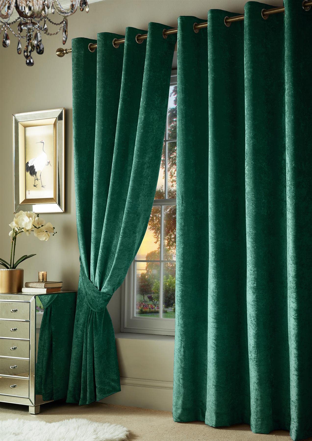 Roseley Crushed Velvet Curtains Eyelet Ring Top Fully Lined For Living Room Kitchen Bedroom 2 Panels Tiebacks Included (Emerald Green, 66 x 54'')