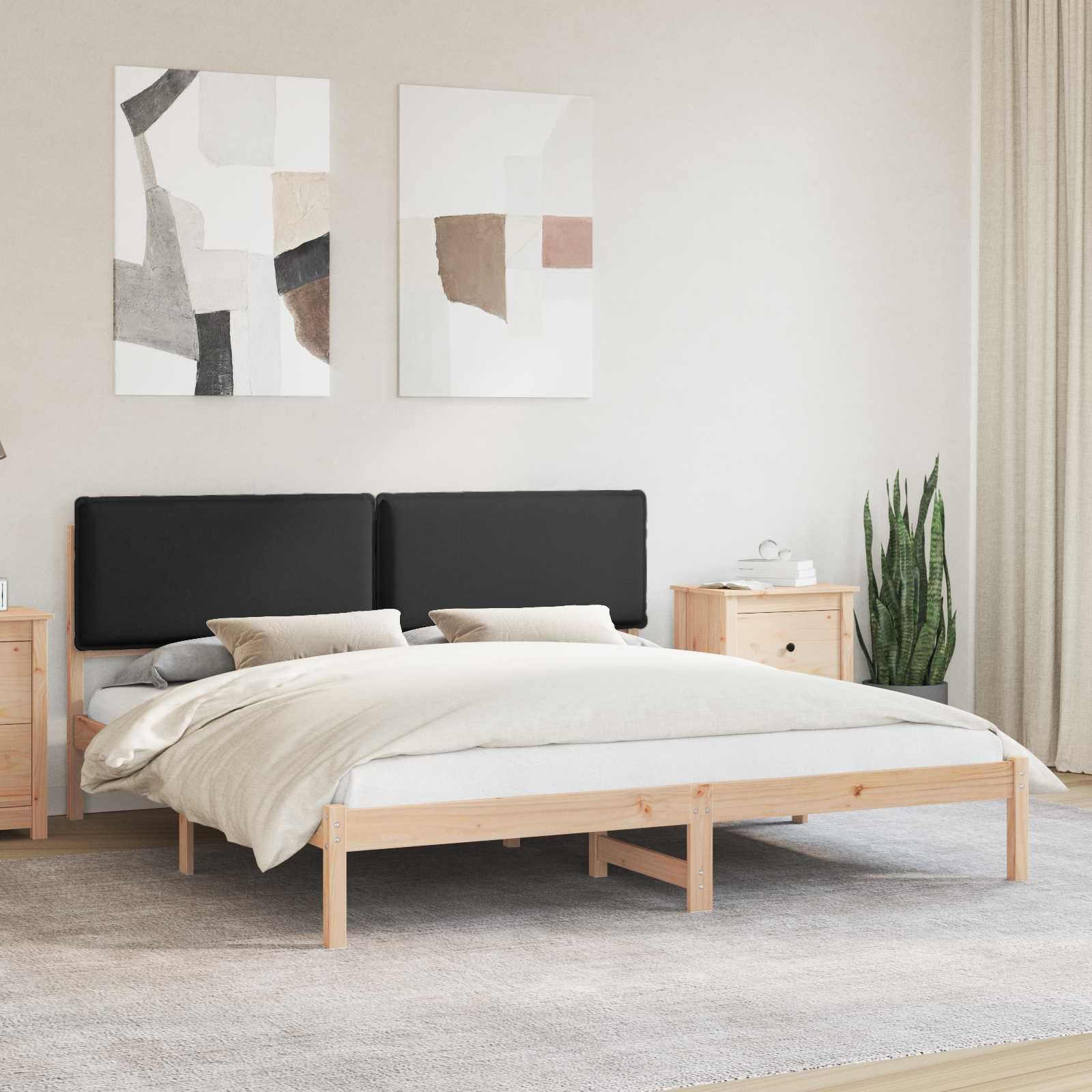 Drewniany z tapicerowanym wezgłowiem nowoczesny Czarny 200x200 cm | Ramka łóżka z tapicerowanym wezgłowiem Czarny 200x200 cm Drewniana Rama Stelaż z Zagłówkiem do Sypialni Nowoczesna Miękka