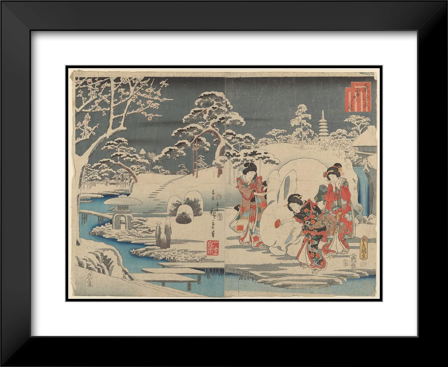ArtDirect Andō Hiroshige 24x19 Black Modern Frame and Double Matted Museum Art Print Titled - Three Women Making a Snow Rabbit in a Garden (1854)