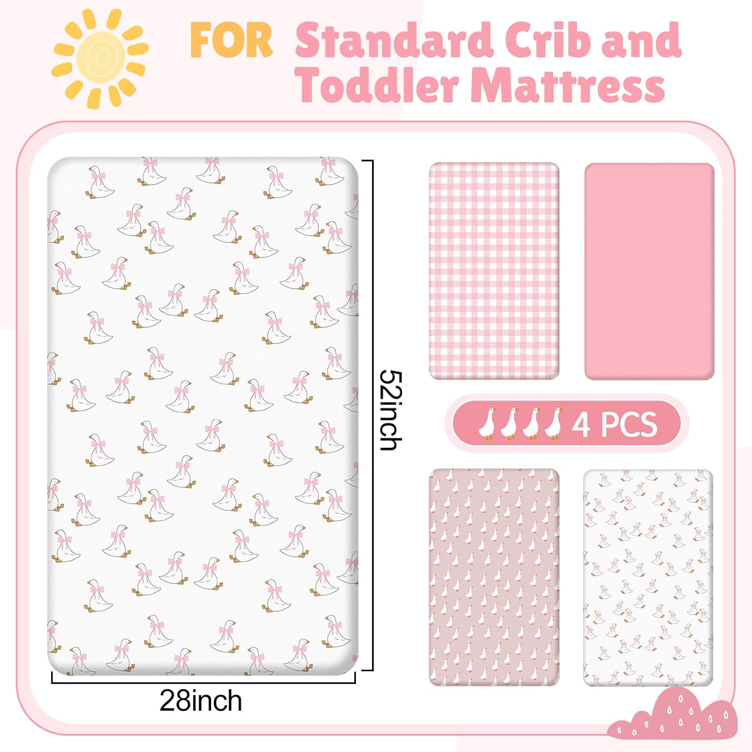 4 Pack Silly Goose Crib Fitted Sheet for Boys Girls - 52" x 28" Fitted Baby Sheet with Goose and Gingham Style for Standard Mattress Gift Set, Microfiber & Soft Breathable(Pink)