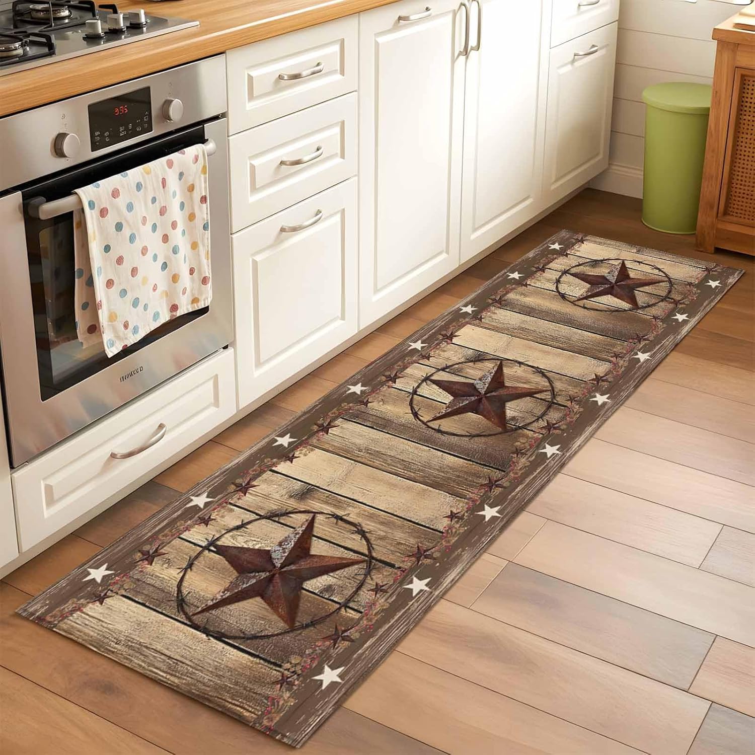 Runner Rug 2 x 6 Ft, Rustic Country Washable Non-Slip Floor Mat for Kitchen Hallway/Entryway, Western Stars Brown Texture Wooden Print Long Kitchen Runner Area Rugs for Living Room, Low-Profile