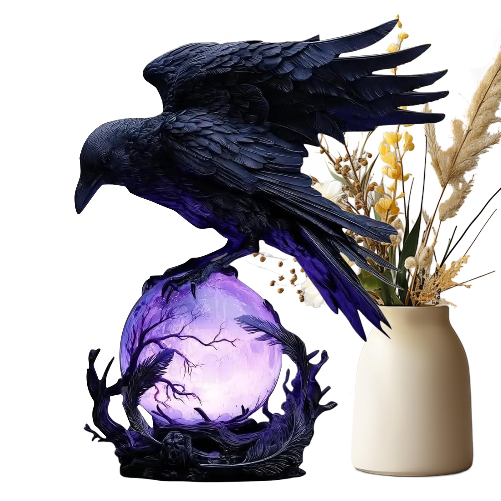 Raven Moonlight Gothic Led Lamp, Raven On Light Up Ball, Mysterious Dark Crow On Glowing Orb Sculpture, Spooky Ravens Crow Table Lamps Night Light Ornaments, For Home Decor
