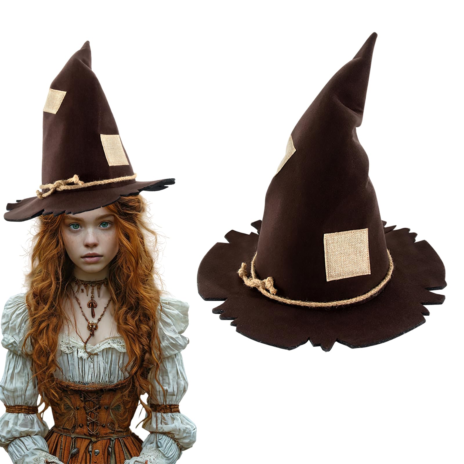 Halloween Scarecrow Patch Witch Hat Brown Scarecrow Wizard Hat for Women Halloween Party Cosplay Costume Headwear Accessory