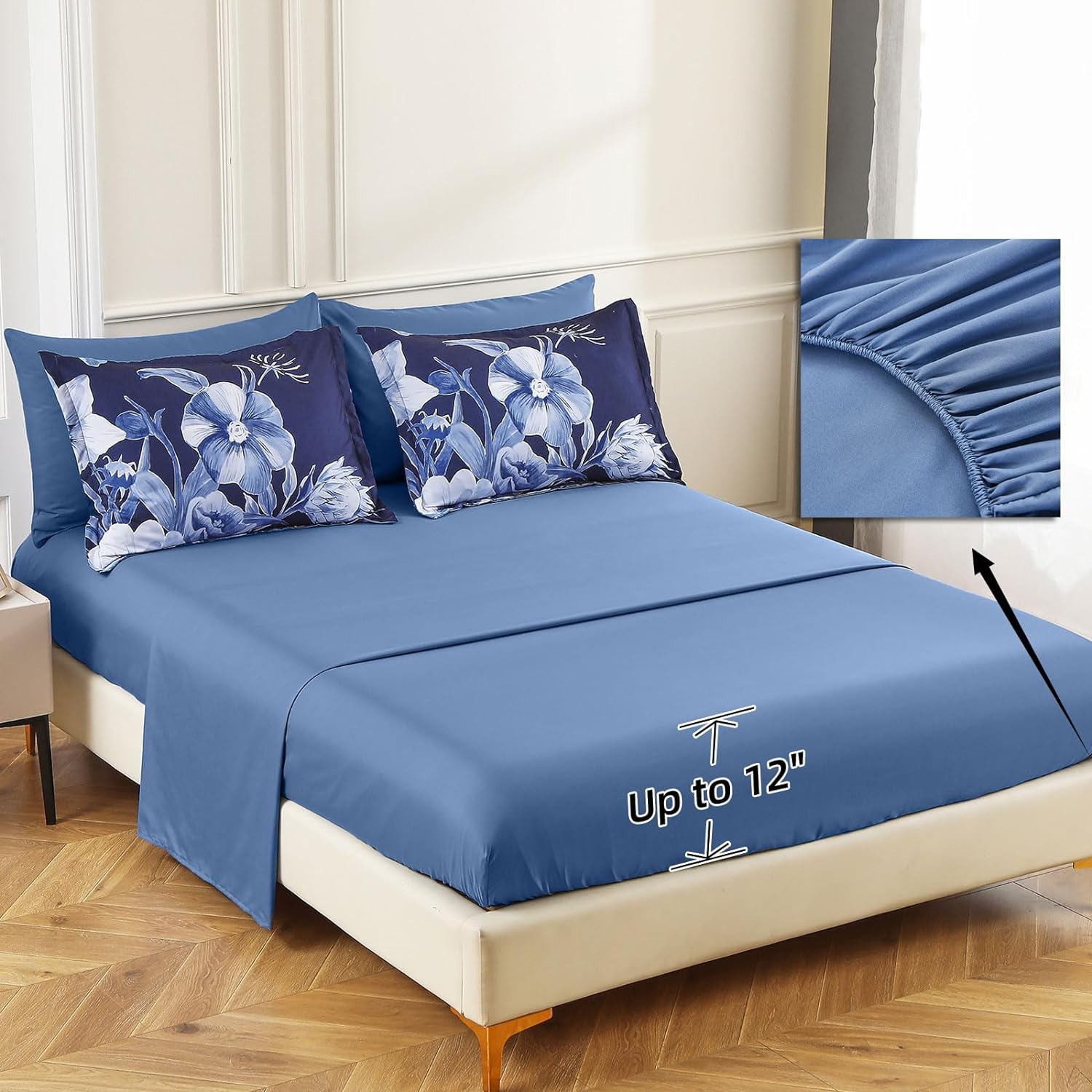 Luxudecor Floral Comforter Set Queen Size 7 Piece, Navy Blue Flower Bed in a Bag, Elegant Floral Comforter with Sheet Set, Soft Microfiber Bedding Set for All Season (Navy Blue, 90"x90") - Image 5