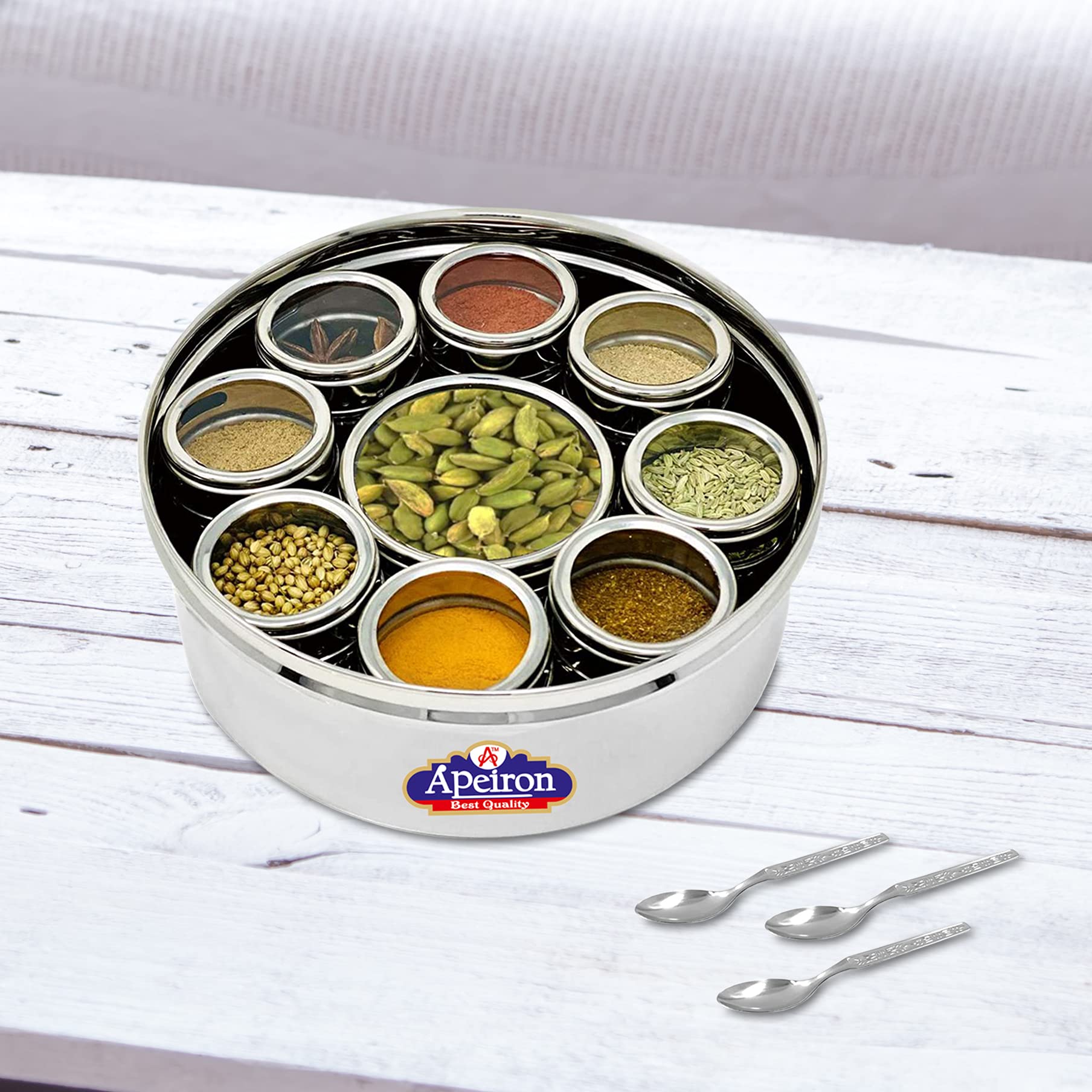 Apeiron Masala Dabba 8 + 1 | 9 containers | 9 Spoon | See through Lid | Spice Container | Spice box |1500ml total capacity