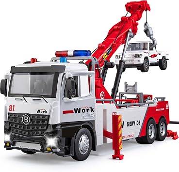 HAPYAD Tow Truck Toy for Boys, Metal Tow Truck with Crane Toy Model, Construction Vehicles with Lights and Sounds, Gift for Kids