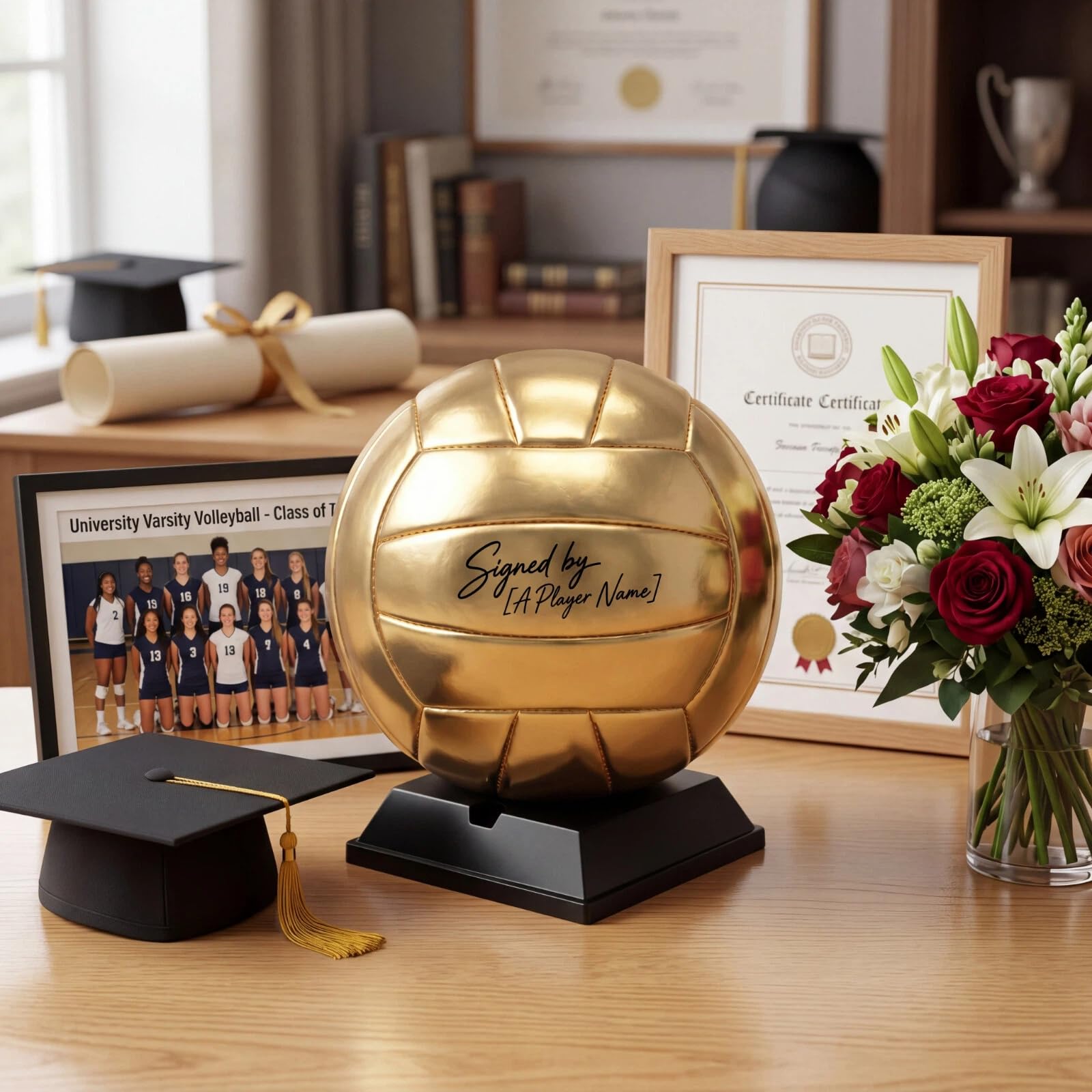 Hiboom Gold Autograph Volleyball with Display Stand Air Pump for Trophies High School College Anniversary Coaching Gift Awards Championship Party