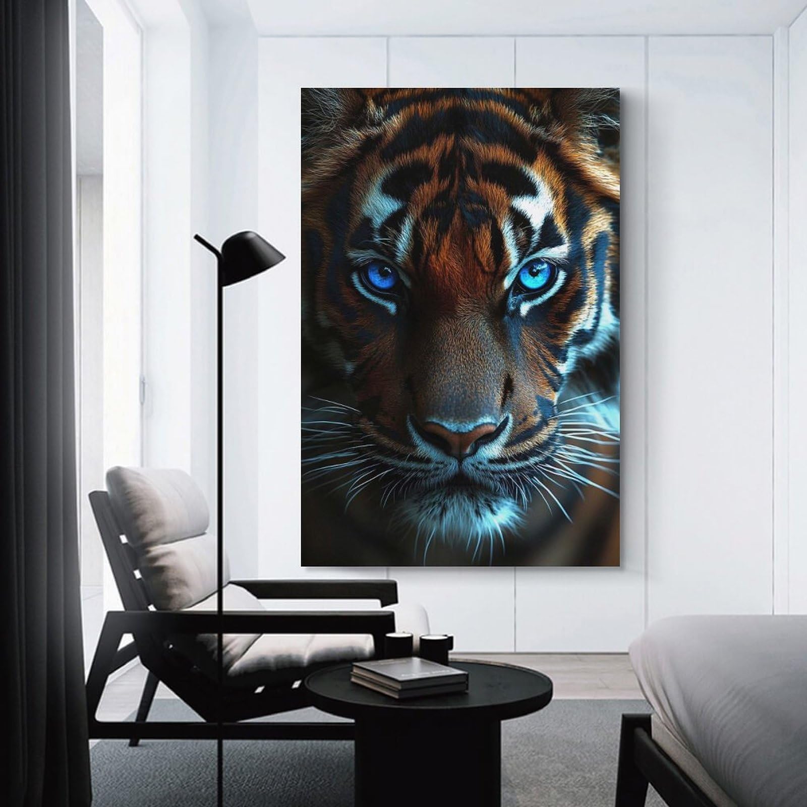 Junmoney Canvas Art Print Tiger Portrait with Intense Blue Eyes, 20x30inch(50x75cm), for New Homes, Bedrooms Or Workspaces, Thoughtful Wall Decor for Art Lovers
