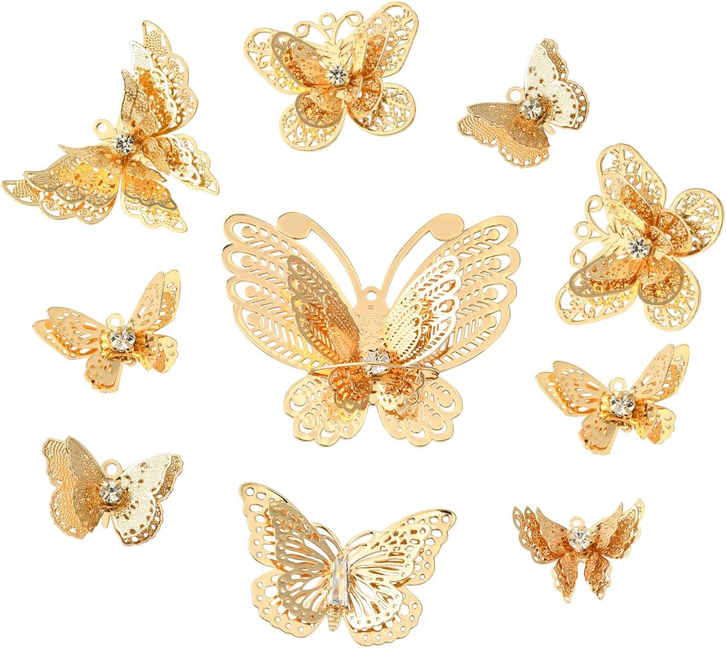 Stiesy 16 Pcs 8 Styles Hollow 3D Butterfly Charms Rhinestone Filigree Golden Butterfly Brass Charms Bulk for DIY Necklace Bracelet Earring Jewelry Making - Image 8