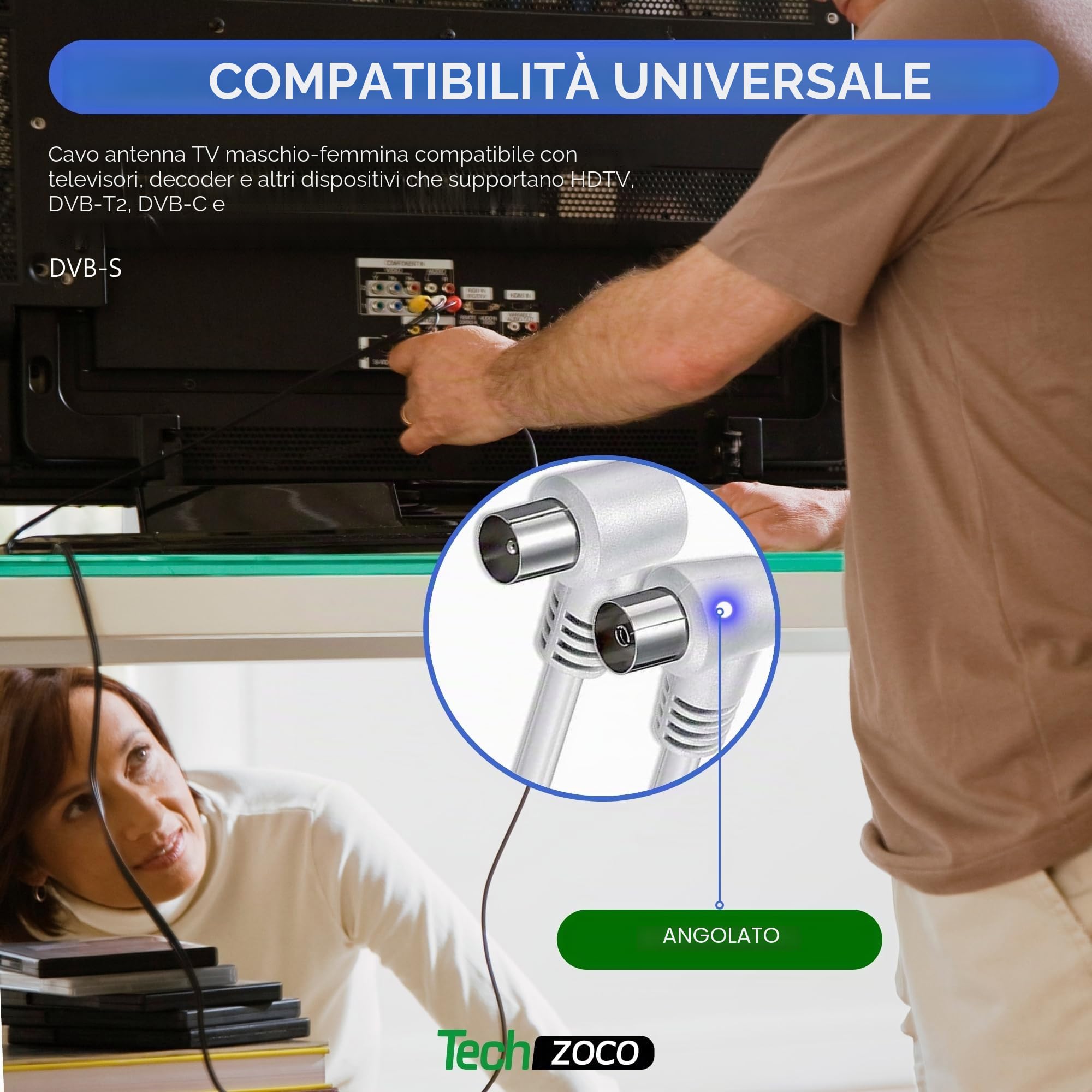 TECHZOCO Cavo antenna TV maschio femmina, coassiale 90°, per TV e decoder, 70dB, HDTV, DVB-T2/C/S, 75 Ohm, bianco, 2,5 metri