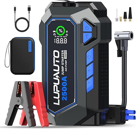 2500A Jump Starter with Air Compressor, Battery Booster 150 PSI Cordless Tire Inflator, 12V Supersafe Jump Box, Portable Car Chargers & Jump Starter for up to 7.5-Liter Gas and 5.0-Liter Diesel