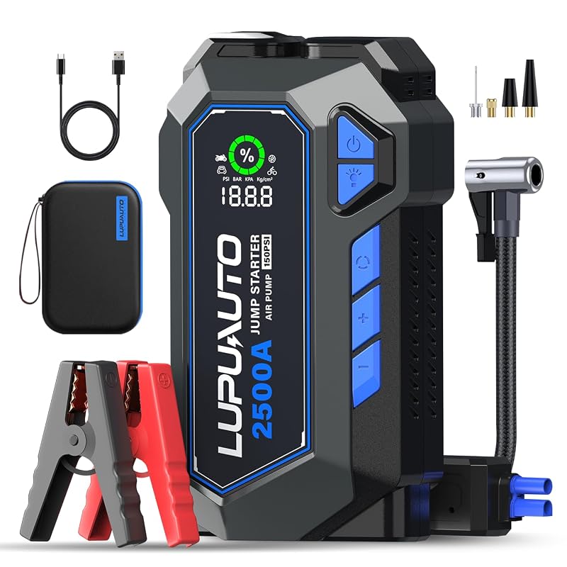 Auxiliar de Partida lupuauto 2500 A com Compressor de Ar 150 PSI, Power Bank USB-C, Lanterna LED e Kit Q18 Preto com 7 itens